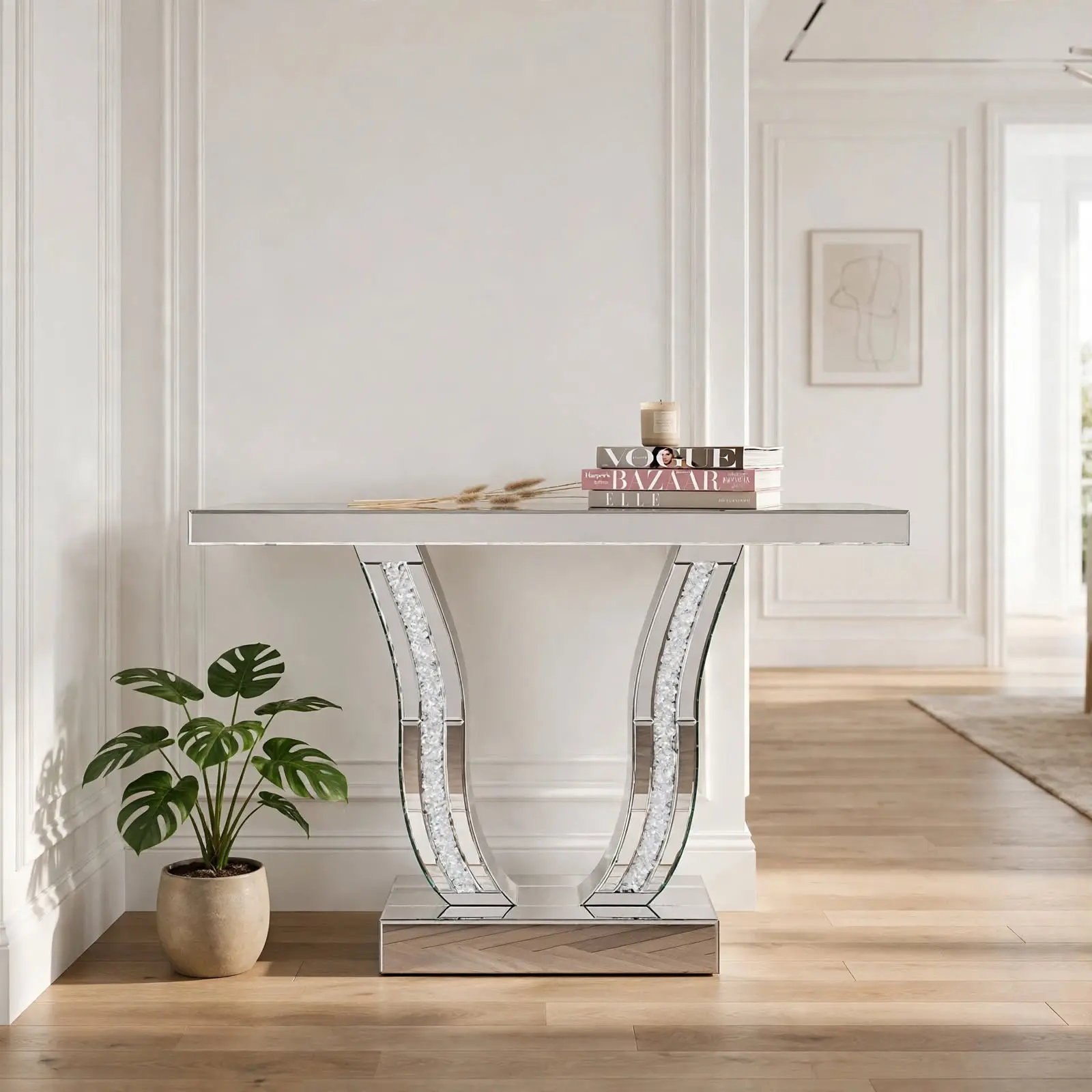 Modern Glam Mirrored Console Table - 43" U-Shape Entryway Table with Crushed Diamond Crystal Inlay, Silver Mirror Hallway Table for Living Room Foyer
