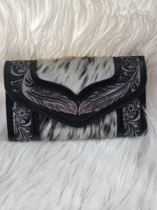 Silver Spur Hide Wallet for Women - Genuine Black-and-White Hide with Floral Tooling & Feather Accents - Western-Inspired Flap Design - Spacious Interior for Cards & Cash