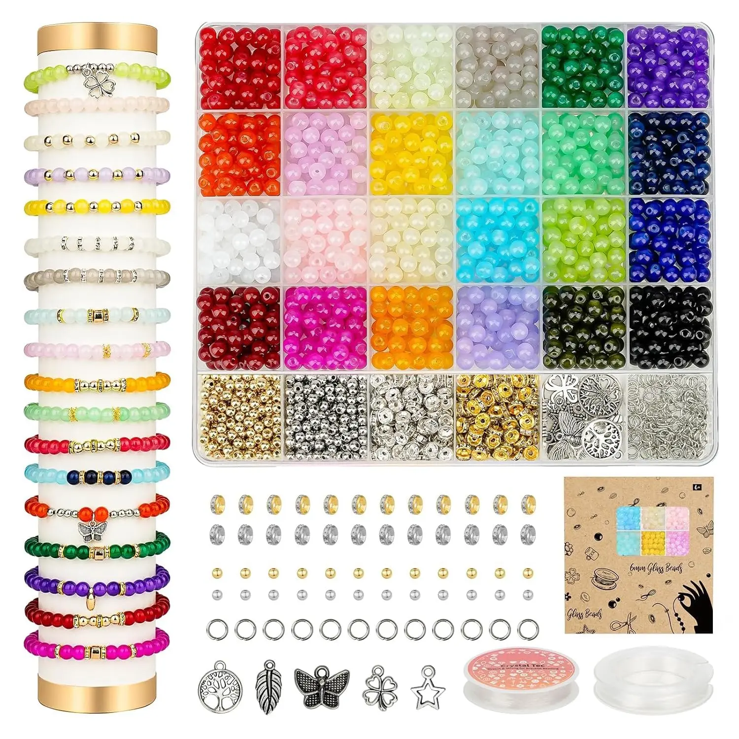 1400 Pcs 6mm Crystal Glass Bead Kit Charms and Spacers for Jewelry
