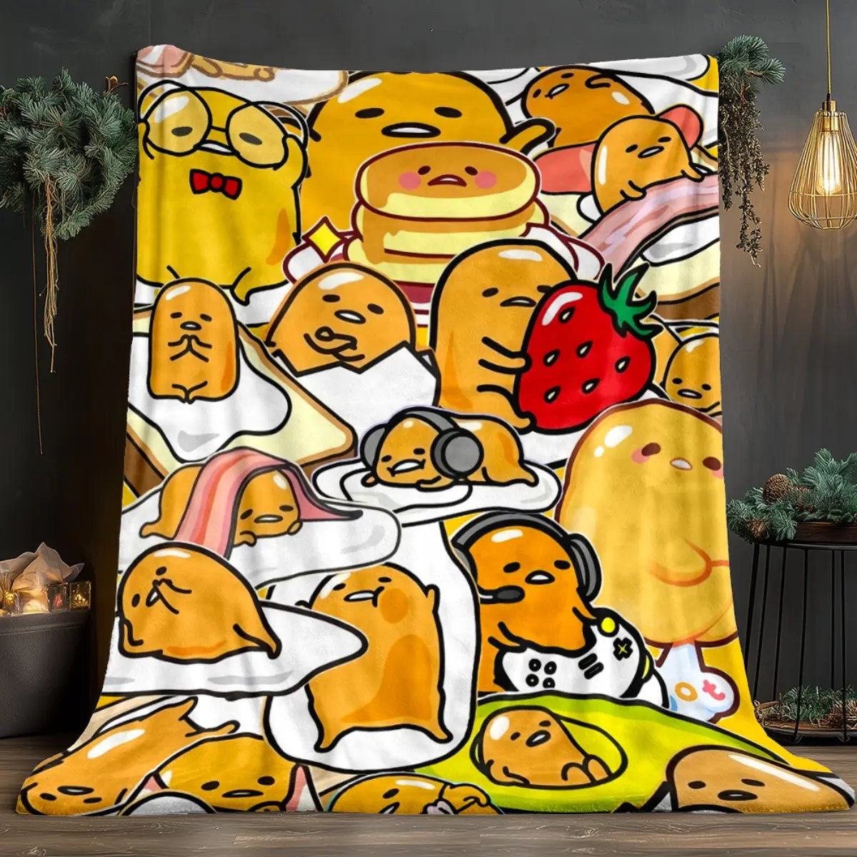 Kawaii Gudetama Lazy Egg Print Soft Fleece Throw Blanket, All Season Cute Cartoon Sofa Bed Nap Office Car Travel Camping Blanket, Ultra Fluffy Lightweight Yellow Egg Pattern Throw for Cozy Bedroom Decor & Anime Fans Gift