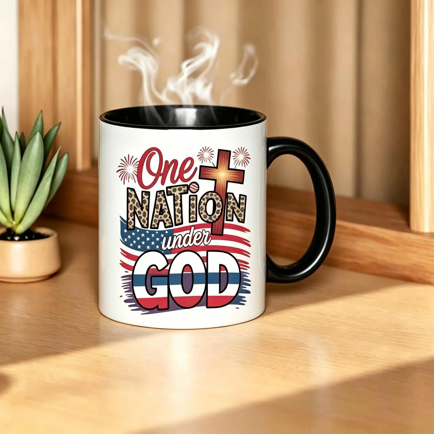 Christian Patriotic Two Tone Coffee Mug, One Nation Under God Firework USA Flag Holiday Faith Gift Cup One Nation Under God Patriotic Christian Coffee Mug