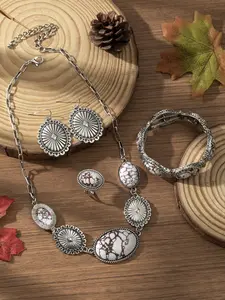 European And American Bohemian Boho Four-Piece Set for Women, Retro Fashion, Fashion Jewelry Set, Individual Geometric Zinc Alloy White Line Pine Necklace, Earrings, Ring, Bracelet, Suitable for Spring And Summer Clothing Matching, Daily Holidays, Etc
