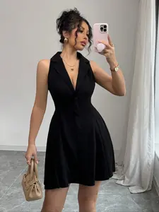 Women's Summer Casual V-Neck Pleated Waist Sleeveless Mini Dress, Perfect for Vacation Leisure Commuting Dates, Fashionable Women's Choice