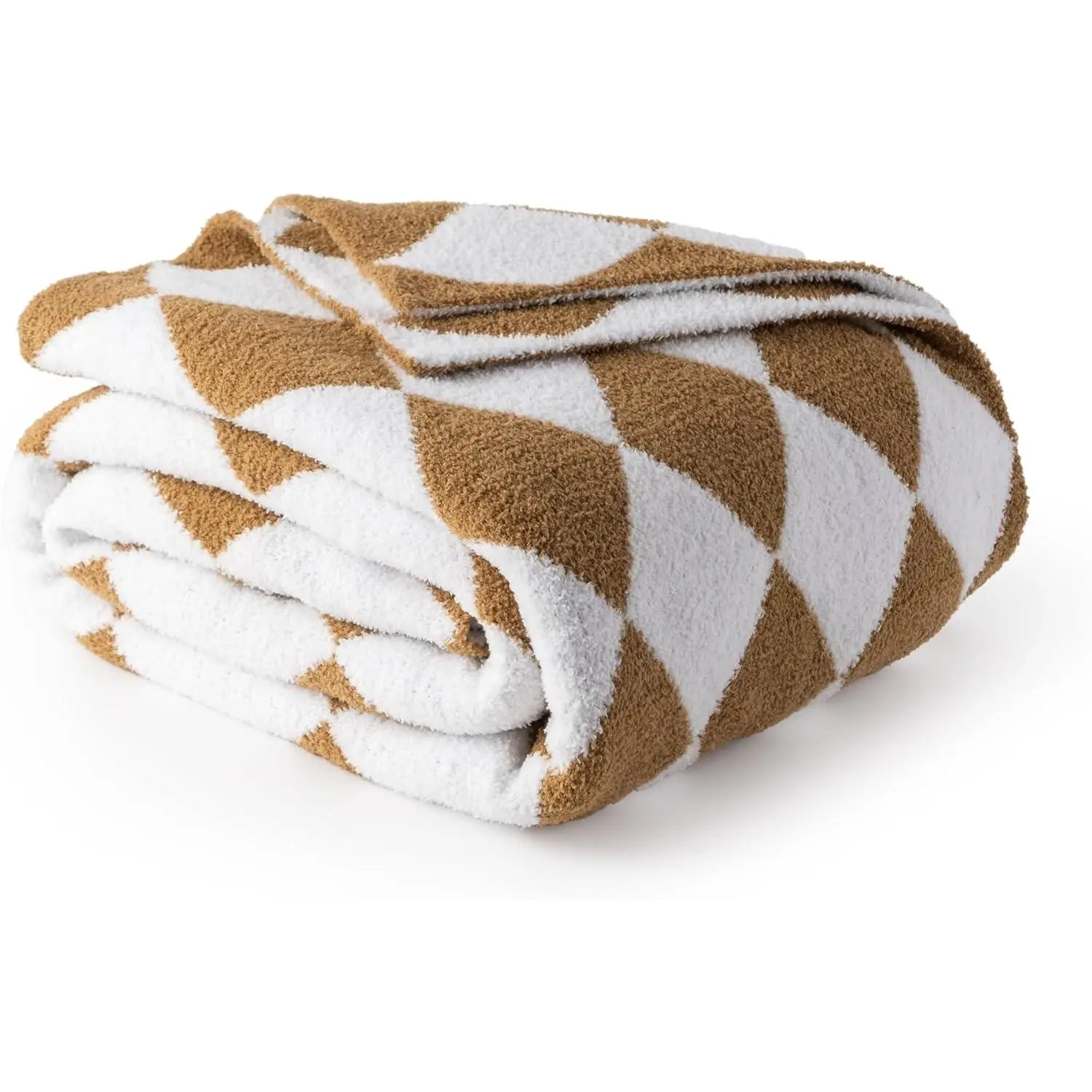 Caramel Checkered Chenille Knitted Throw Blanket - Synthetic, Durable, Dryer Safe, Cozy Fluffy Plaid for Couch Bed Decor, 50x70in