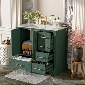 36" Traditional Bathroom Vanity with Ceramics Sink , Green Bathroom Cabinet with Two Soft Close Doors and Four Drawers(Old sku:SV000026AAF)   WL