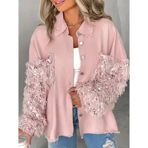 Oversized blazer, 100% solid non-stretch polyester woven, with cardigan collar and pockets, and contrast sequin details Tops Pink