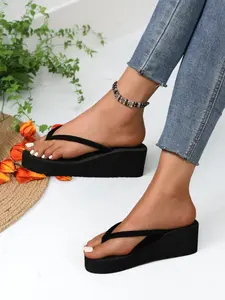 Trendy Thin Strap Sandals, Casual New Style Outdoor Summer Beach Shoes, Lightweight Foam Slippers for Couples, Pair with Shorts and Tank Tops, Black