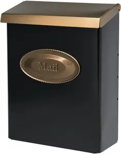 Designer™ Locking, Vertical Wall-Mounted Mailbox for Outside, Modern Metal Galvanized Steel Medium Mail Box with Lock and Key Drop Box, Black with Optional Mail Emblem