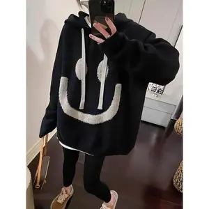 ??Plus Size?? Cartoon Face Print Drop Shoulder Sweater Hoodie, Fashion Casual Drawstring Hooded Knitwear for Daily Holiday Outdoor Wear, Women Plus Clothing for Fall & Winter