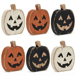 Rustic Wooden Halloween Pumpkin Decor Set - Jack-O'-Lantern Tabletop Ornament - Classic Farmhouse Home Decor, Suitable for Dining Table