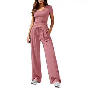 Women's 2-Piece Casual Matching Set - Minimalist Solid Color V-Neck Short-Sleeve Top & Wide-Leg Pants, Fashionable Comfortable Everyday Womenswear