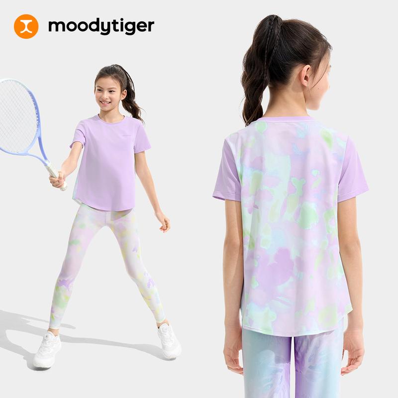 moodytiger Kids Printed Short Sleeve T-shirt for Girls with Breathable Quick-Dry Zoned and Printed Color Blocking Short Sleeve Top for Daily and Outdoors
