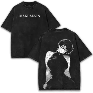 Jujutsu Kaisen Maki Zenin Anime Shirts Washed Shirt Graphic T-Shirt – Premium 260GSM Oversized Fit Cotton Tee with Striking 2-Side Anime Graphics