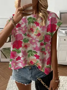 Summer Round Neck Short Sleeve Knit Top Blouse, Loose Fit Floral Print, Casual Chic Top, Casual Elegant Commuter, Bikini Cover-Up, Women's Fashion, Womenswear