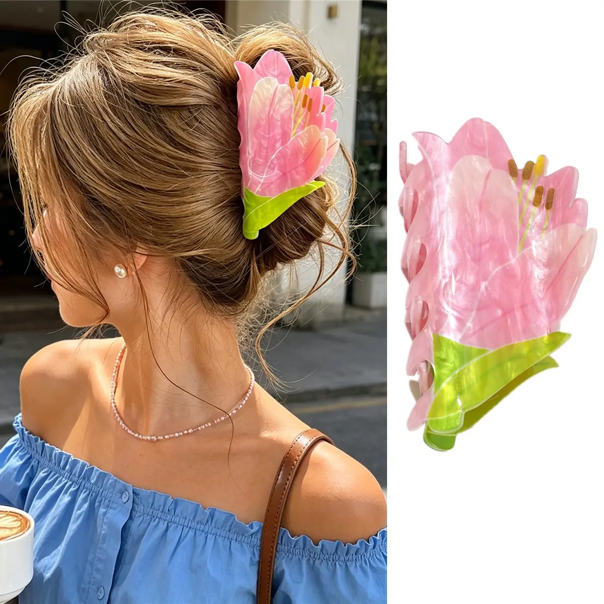 AWAYTR Spring Summer French Hair Claw Clips Cute Pink Tulip Hair Clips No-Slip Acrylic Jaw Clip Floral Shark Barrettes Elegant Hair Accessories for Women Wedding Birthday Party Hairstyles Decor