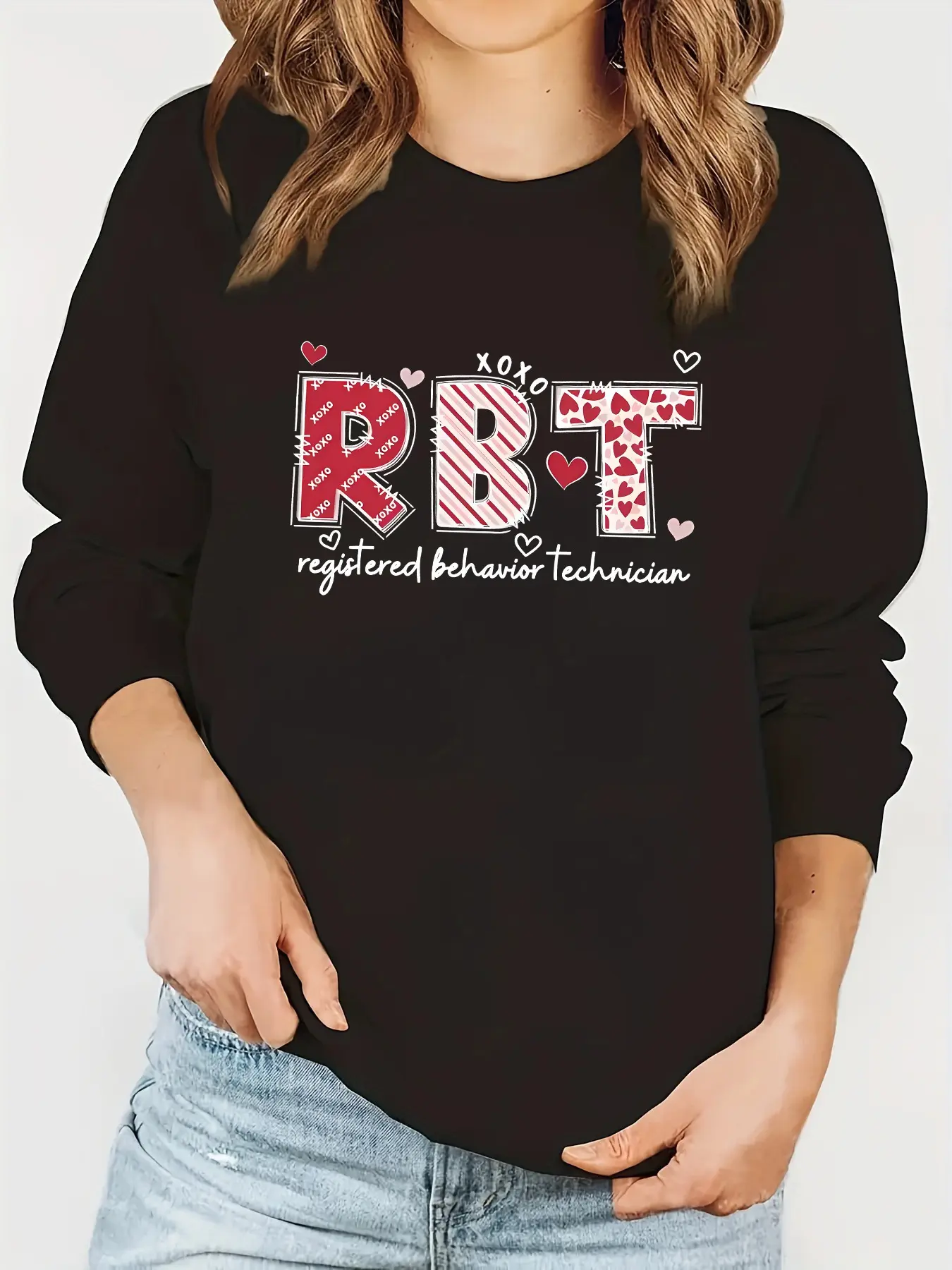 1pc Women'S Casual Crew Neck Sweatshirt with Heart Pattern and RBT Registered Behavior Technician Print, Polyester Knit Fabric, All-Season Contrast Collar Pullover