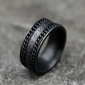 New Men's 316L Stainless Steel Rings Retro Odin Viking Rune With Rotatable Chain Ring Amulet Jewelry Gift