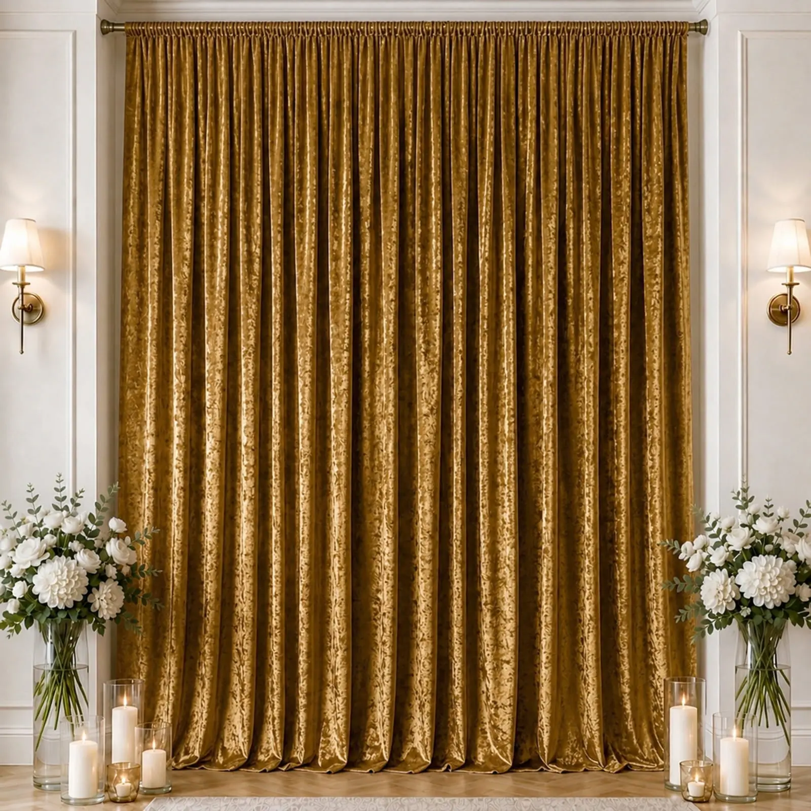 Gold Premium Crushed Velvet Backdrop Curtain 10ft x 16ft – Ceiling Drape Panel & Stage Backdrop with Rod Pocket, 70% Blackout