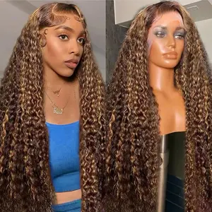 AMZHAIR Highlight Ombre Lace Front Wig Human Hair Honey Blonde 4/27 Kinky Curly 13x6 HD Lace Frontal Wigs Glueless Wigs Human Hair Lace Front 13x4 Highlight Ombre Curly Lace Front Human Hair Wigs Colored Kinky Curly Glueless Lace Wigs For Women