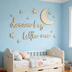 Wooden Wall Decor Set Dream Big Little One Moon Star Background Hanging Pieces for Kids Room Baby Room, Childrens Bedroom Accessories