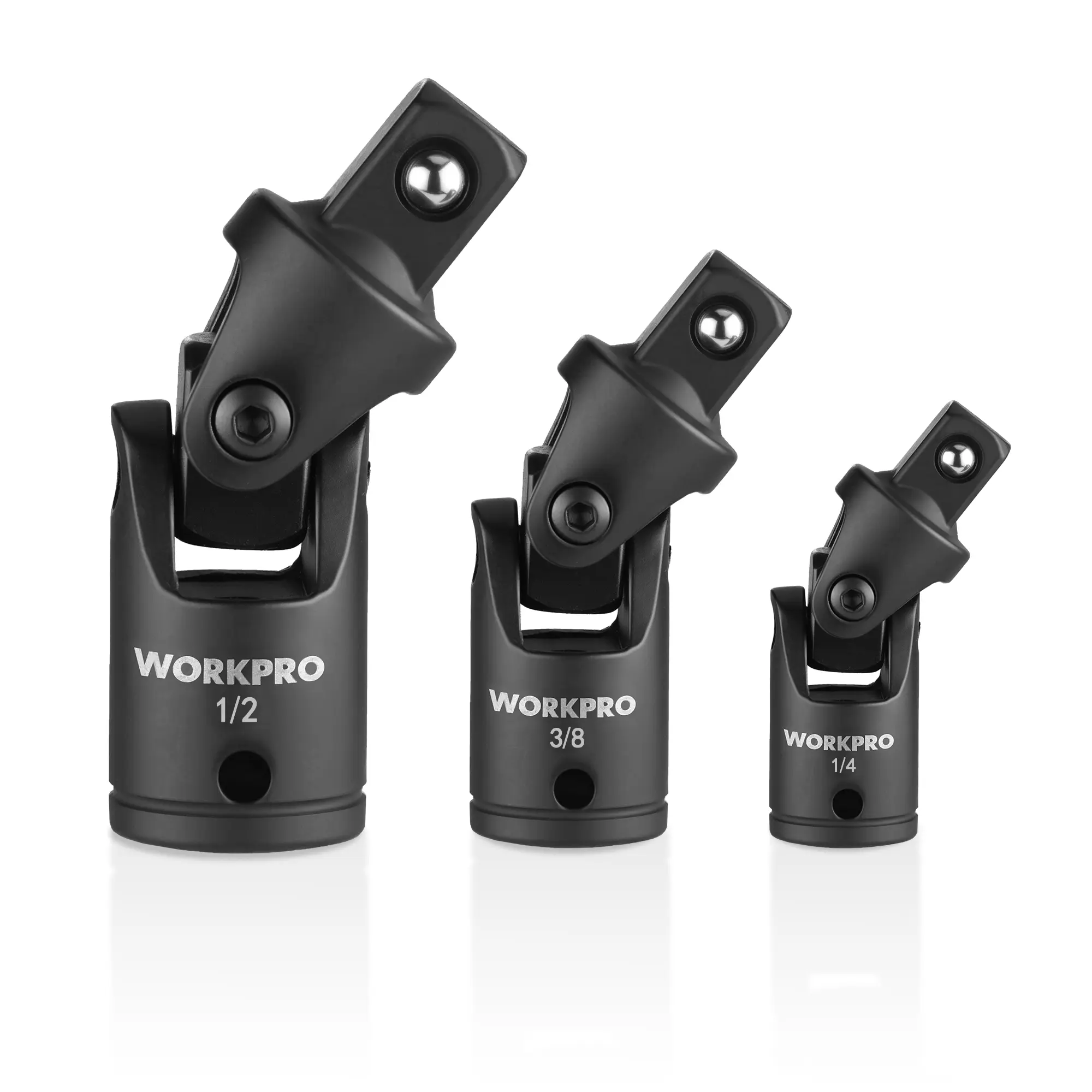 WORKPRO Universal Joint Socket Adapter Set, 3-Piece 1/4" 3/8" 1/2" Drive, Flexible U-Joint for Multi-Angle Access, CR-V Steel, Black Phosphate Finish