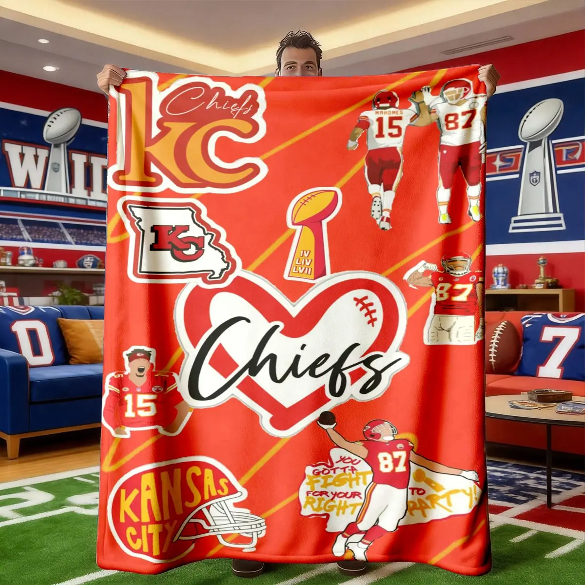 Kansas City Chiefs Heart Patchwork Flannel Blanket, Cozy Blanket, Soft Lightweight Warm, Bedroom Holiday Decor, All Seasons, Bed Sofa Office Camping Travel Gift, Blanket Gifts, Throw Blanket