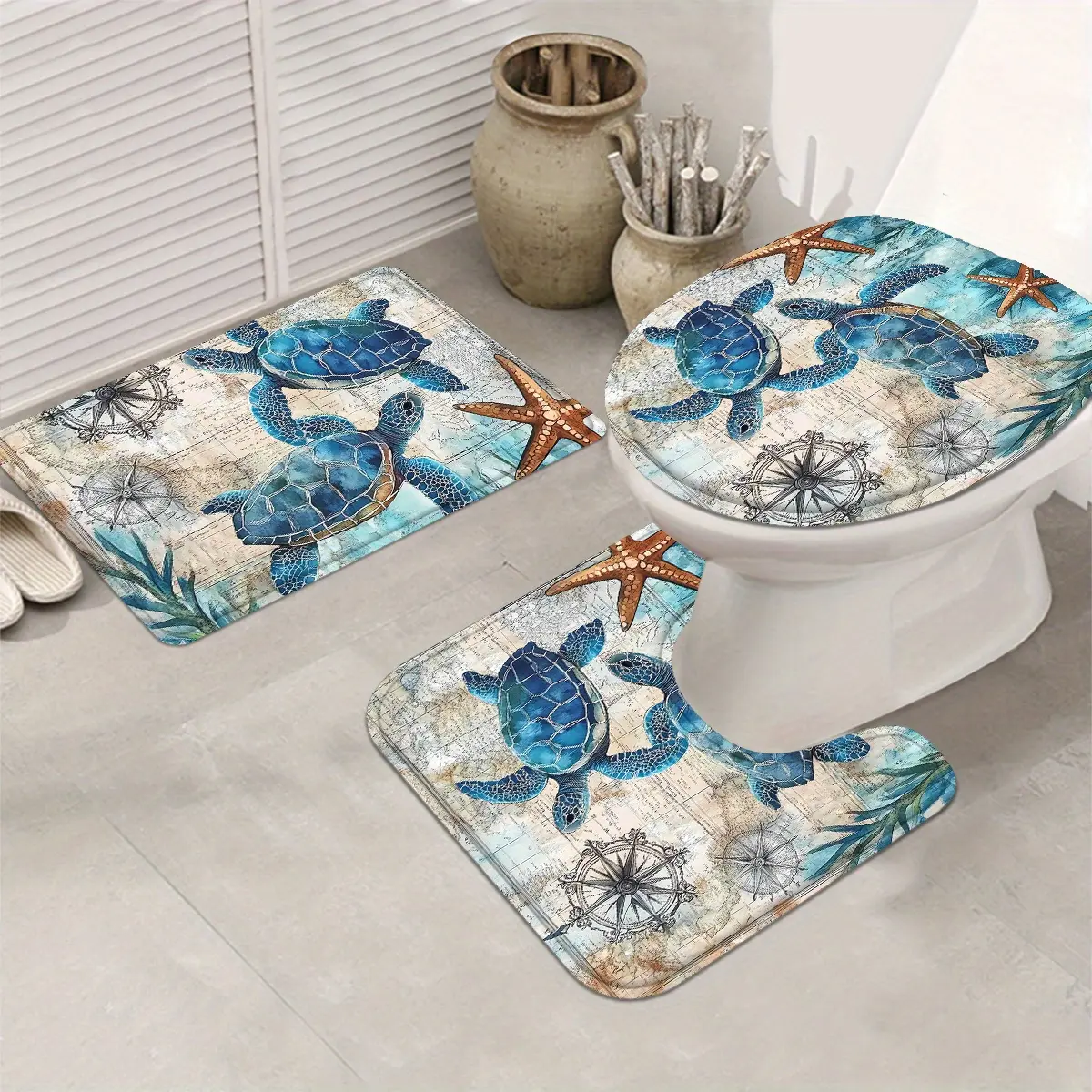 Polyester Turtle Bathroom Decor Set - 4-Piece Option (Sea Star Blue-Green Seaweed Coral Shower Curtain, 12 Hooks, Floor Mat, Accessories) or 1-Piece Shower Curtain
