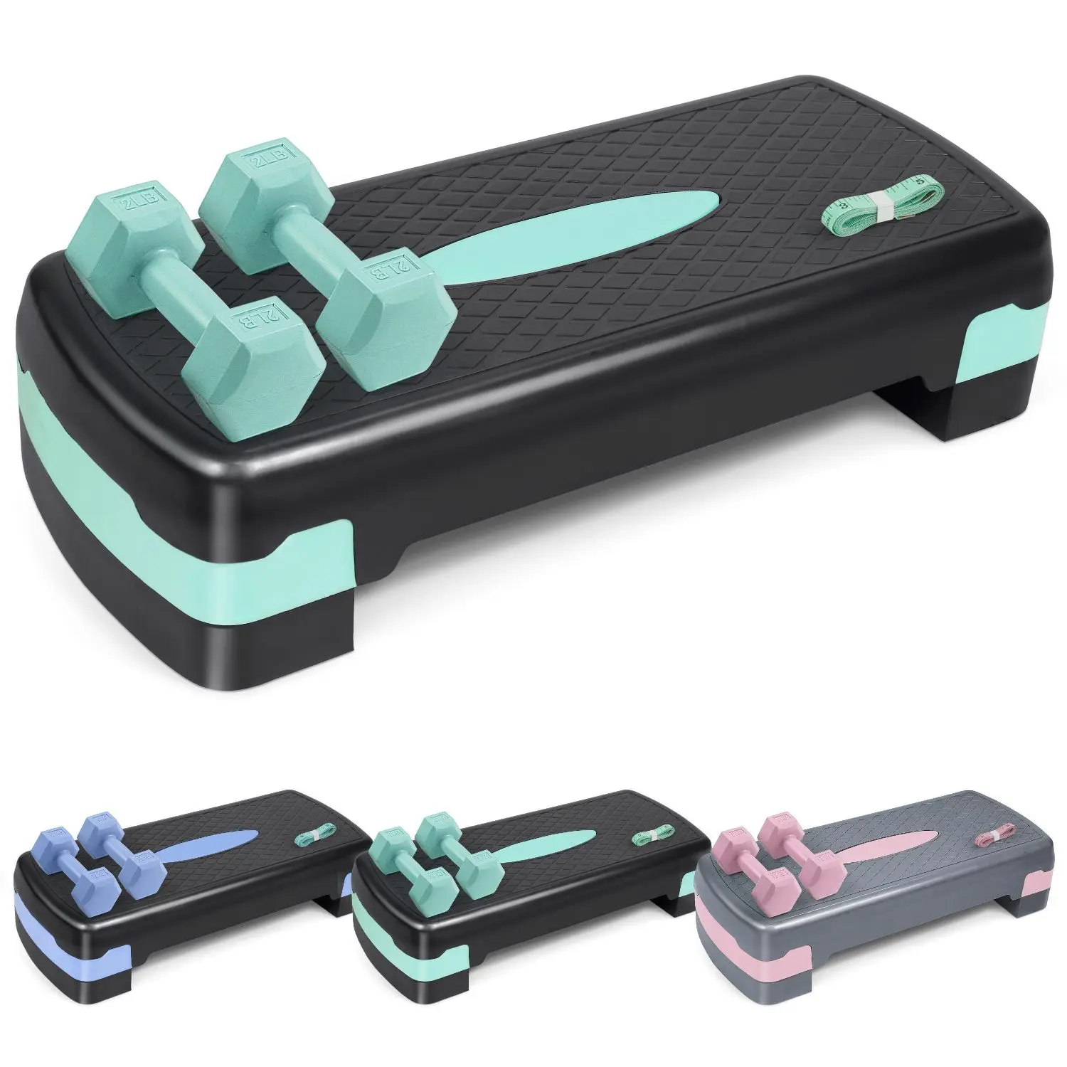 Aerobic Stepper Set with Dumbbells & Measuring Tape, Adjustable Height 2 Level Risers Workout Exercise Step Platform, 3 Colors, the Ultimate Gift for a Joyful Holiday and Merry Christmas