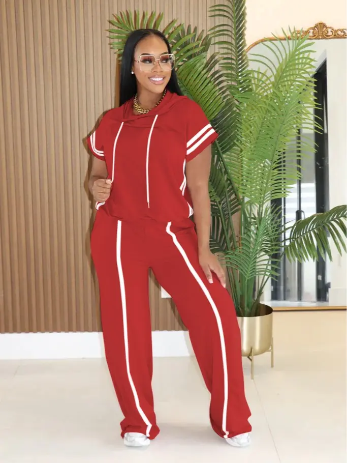 USBoutiqueCHIC Women's Spring Summer Hooded Top & Lounge Pants Set 531GSM Oversized Loungewear 8-Color Comfort Wear Collection Blue with White Stripes