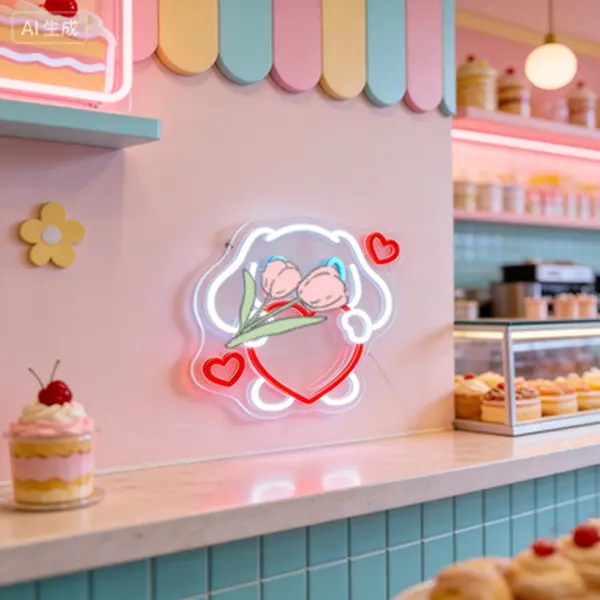 USB-Powered LED Anime Neon Nightlight - Classic Cute Setup, Large-Eared Dog & Heart Design, Pink-White Dimmable Wall Mount Indoor Mood Lighting, Ideal Gift for Daughter & Anime Fans