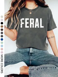 Women's FERAL Graphic Round Neck Knit Fabric T-Shirt, Casual Loose-Fitting Summer Top for Daily Everyday Outdoor Wear, Stylish Printed Tee for Holidays
