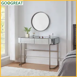 [GOOGREAT]Dressing Table, Fashionable Dressing Table 39" Mirrored Makeup Vanity Table With Stainless Steel Base, Mirrored Console Dressing Table With 2 Drawers,Versatile Desk For Bedroom And Office, Silver vanity  desk