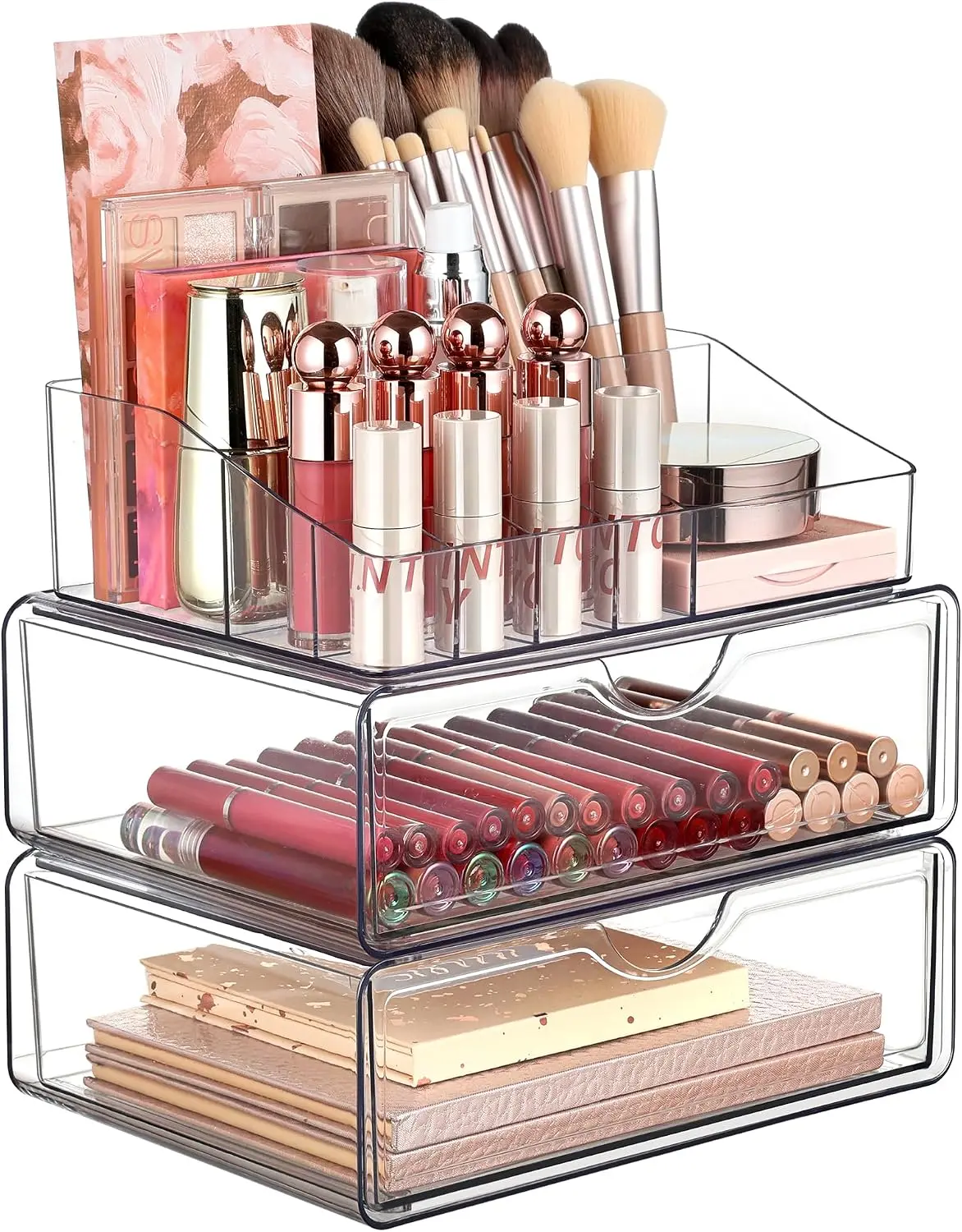 3 Tier Clear Makeup Organizer with 2 Drawers | Smart Storage Layout, Clear for Better Visibility, Stackable, Large Capacity, for Makeup Lipstick Brush Skincare