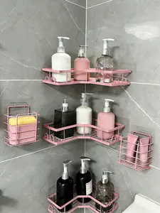 Caddy Shower Storage 5-Piece Set Self-Adhesive Stainless Steel Shelf No Drilling Rust-Resistant Large Capacity Hollow Round Design Pink Shampoo Body Wash Basket Bathroom Decor Accessories pink bathroom stick-on shelf Stick-On Rust-Proof Rack