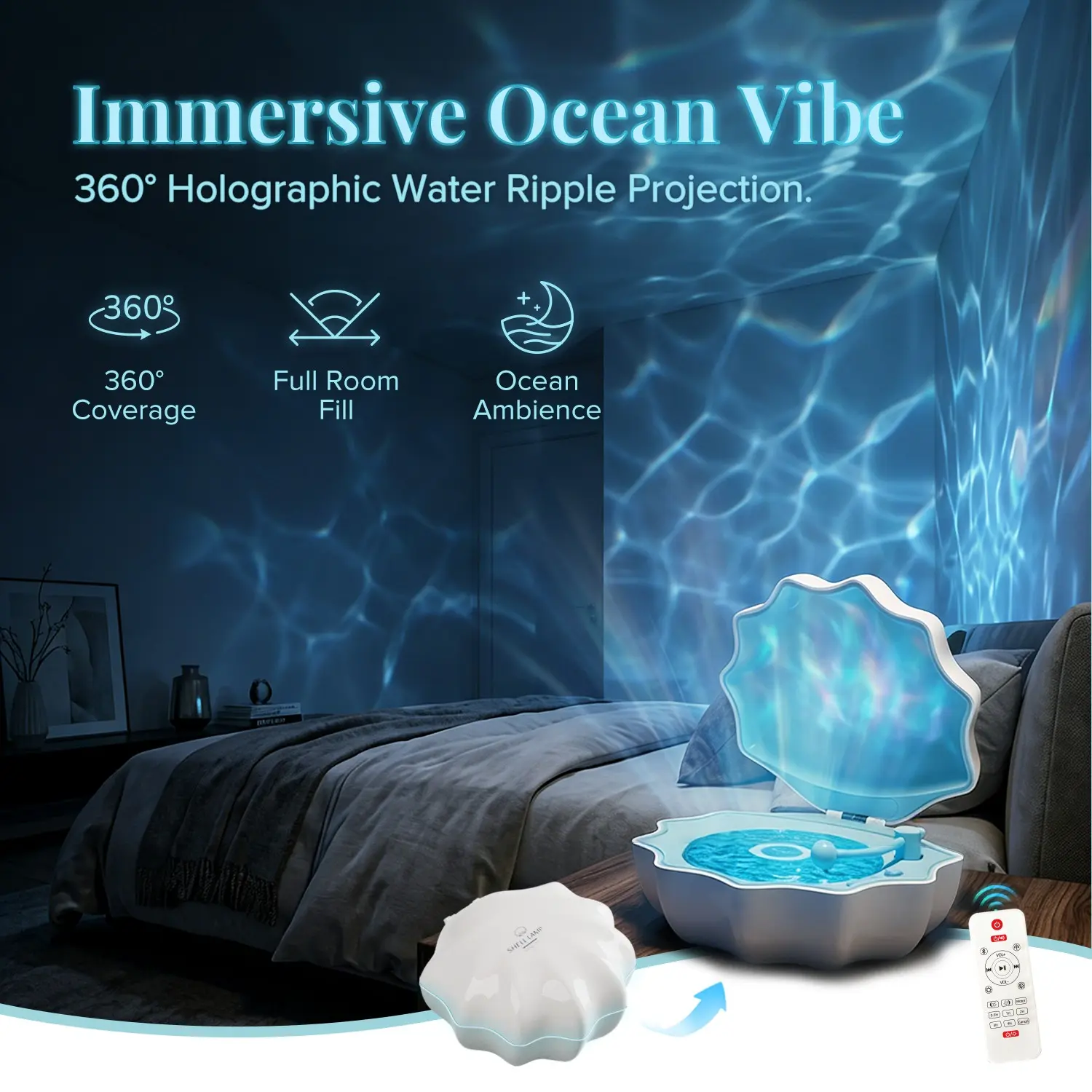 Rechargeable Projector Lamp, Room Decor Projector, Shell-Design Light with Bluetooth-compatible Speaker, 7 Colors Mood Night Light for Bedroom