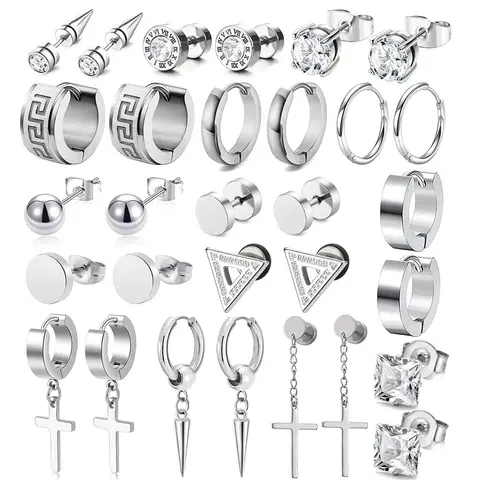 Men's Elegant Fashion Stackable Double Up Earrings Set - Silver-Tone Metal, Sleek Shine, Cyberpunk Edge, Hardcore Punk Jewelry, Polished Surface, Unique Shapes, Daily Gift Accessory