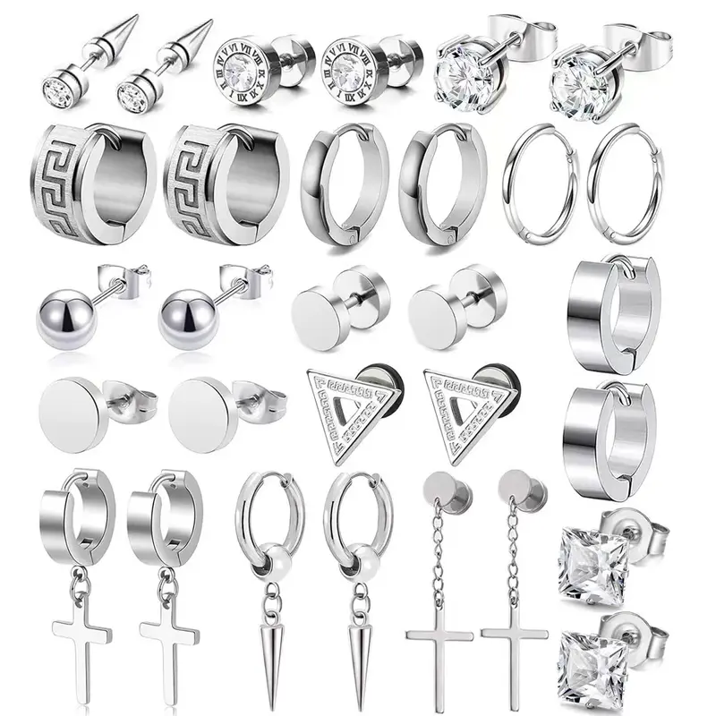 Men's Elegant Fashion Stackable Double Up Earrings Set - Silver-Tone Metal, Sleek Shine, Cyberpunk Edge, Hardcore Punk Jewelry, Polished Surface, Unique Shapes, Daily Gift Accessory