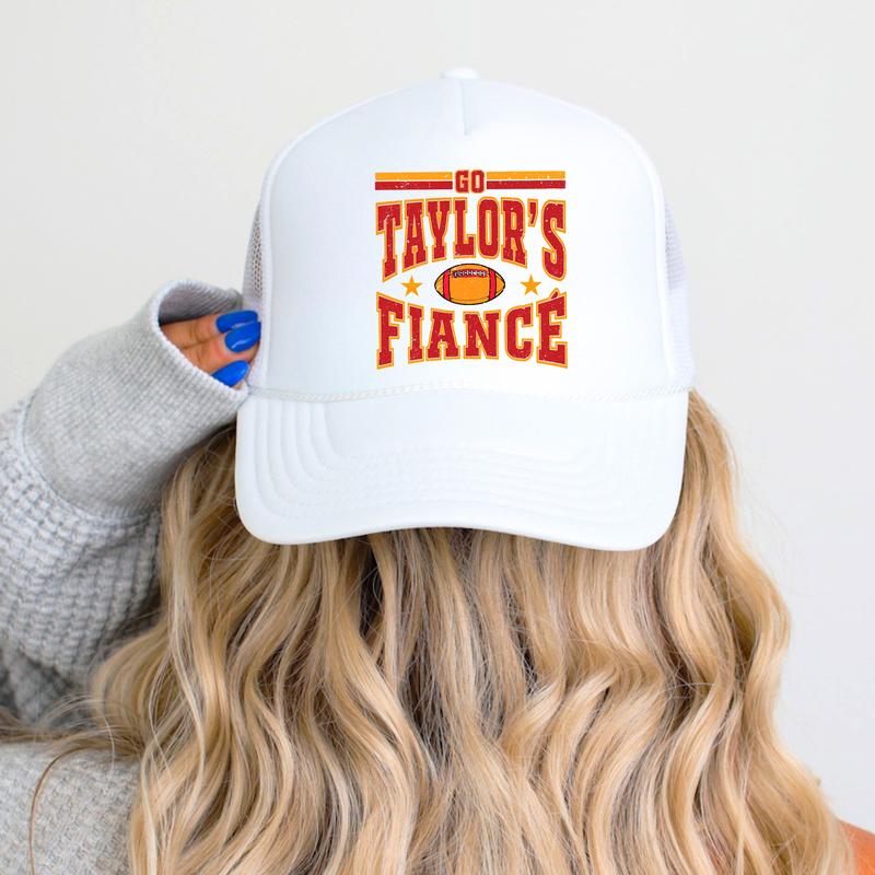 Go Taylor's Fiancé Football Season Trucker Hat - Kansas Football Red and Gold Cap - Funny Travis Fan Snapback for Women and Teens