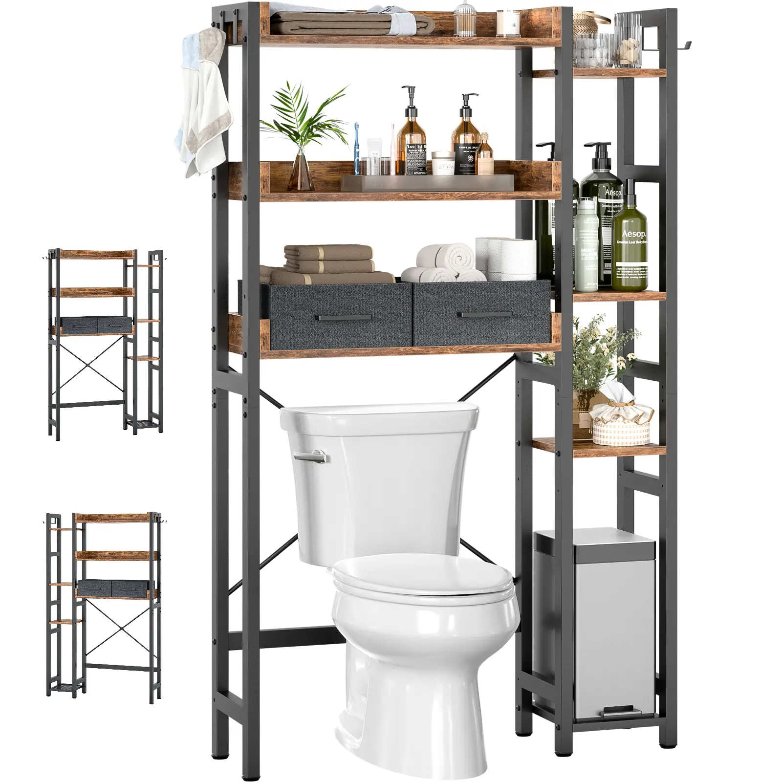 Cyclysio Over-The-Toilet Bathroom Cabinet Organizer - Compact Multi-Purpose Configurable Tall Cupboard, Furniture for Small Spaces, Home Organization Storage with 2 Drawers, Adjustable Shelf Racks