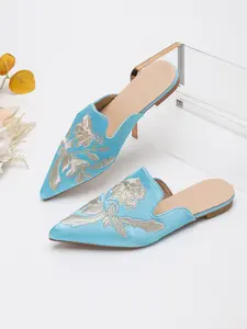 Women's Pointed Toe Flat Mules, New Spring Fall Fashion Simulated Silk Embroidery Slip-On Shoes, Comfortable Casual Closed End Boots