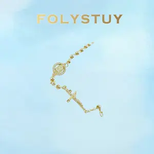 Length: 7.68 inches; Width: 4mm [FOLYSTUY (W175)]Religious Rosary Link Bracelet with Cross & Stone Accent, Faith Inspired Wrist Accessory