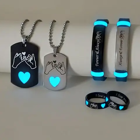 Couple Heart Luminous Design Pendant Necklace & Bracelet & Ring Matching Set, Couples Jewelry Set, Fashion Jewelry for Parties & Daily Wear, Trendy Versatile & Exquisite Jewelry, Fashionable Jewellery Gift for Birthday