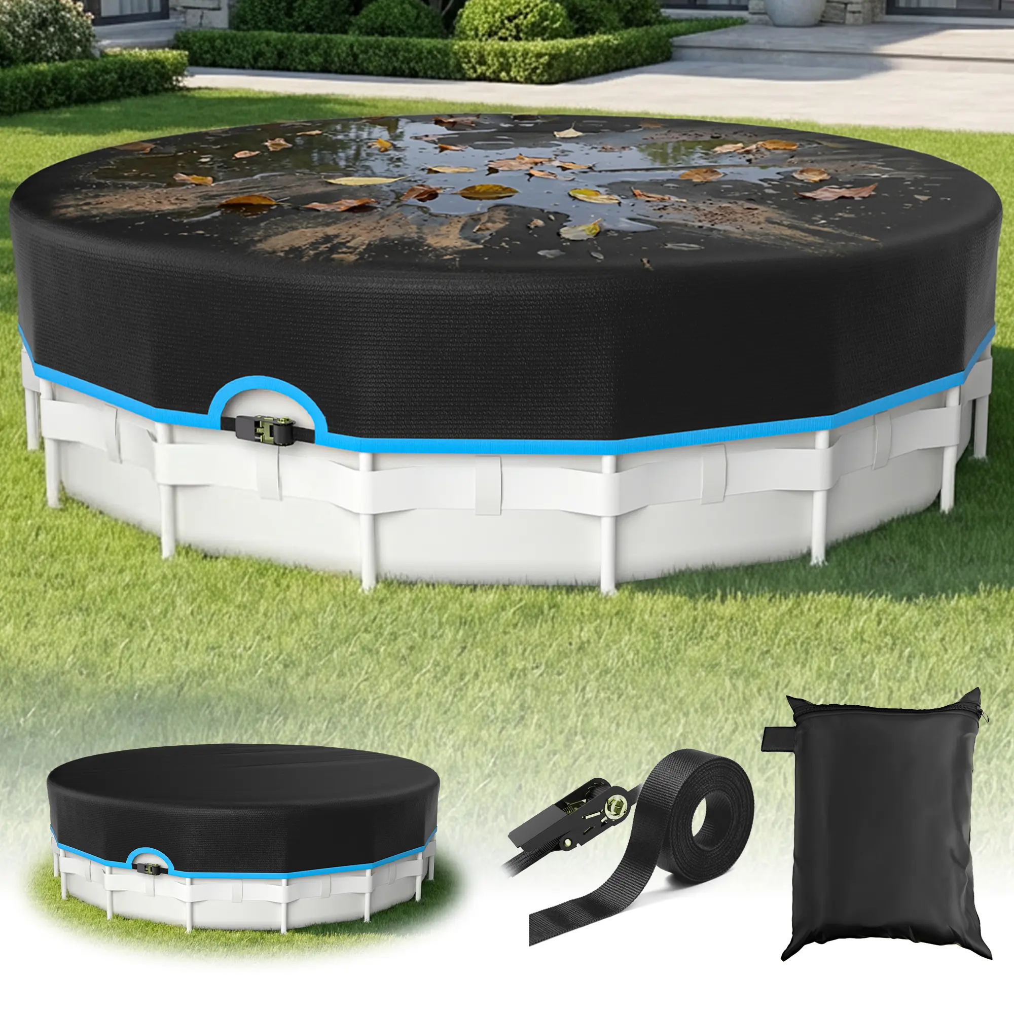 18FT Round Above-Ground Pool-Safe Cover, 420D Oxford Fabric Outdoor All-Seasons Cover with UV Resistant, Waterproof, Sun-Shading, Tear-Resistant Features & Heavy-Duty Mechanical Locking System for Enhanced Safety, Durability, Wind Stability