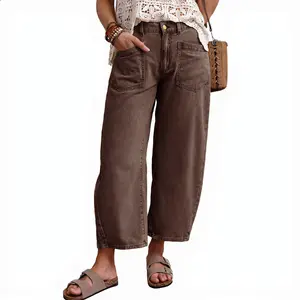 Coffee Solid Color Square Patch Pocket Ankle-length Barrel Jeans