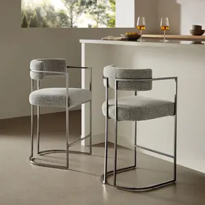 Huron Curved Back Fabric and Metal Counter Stool in Silver Wheat