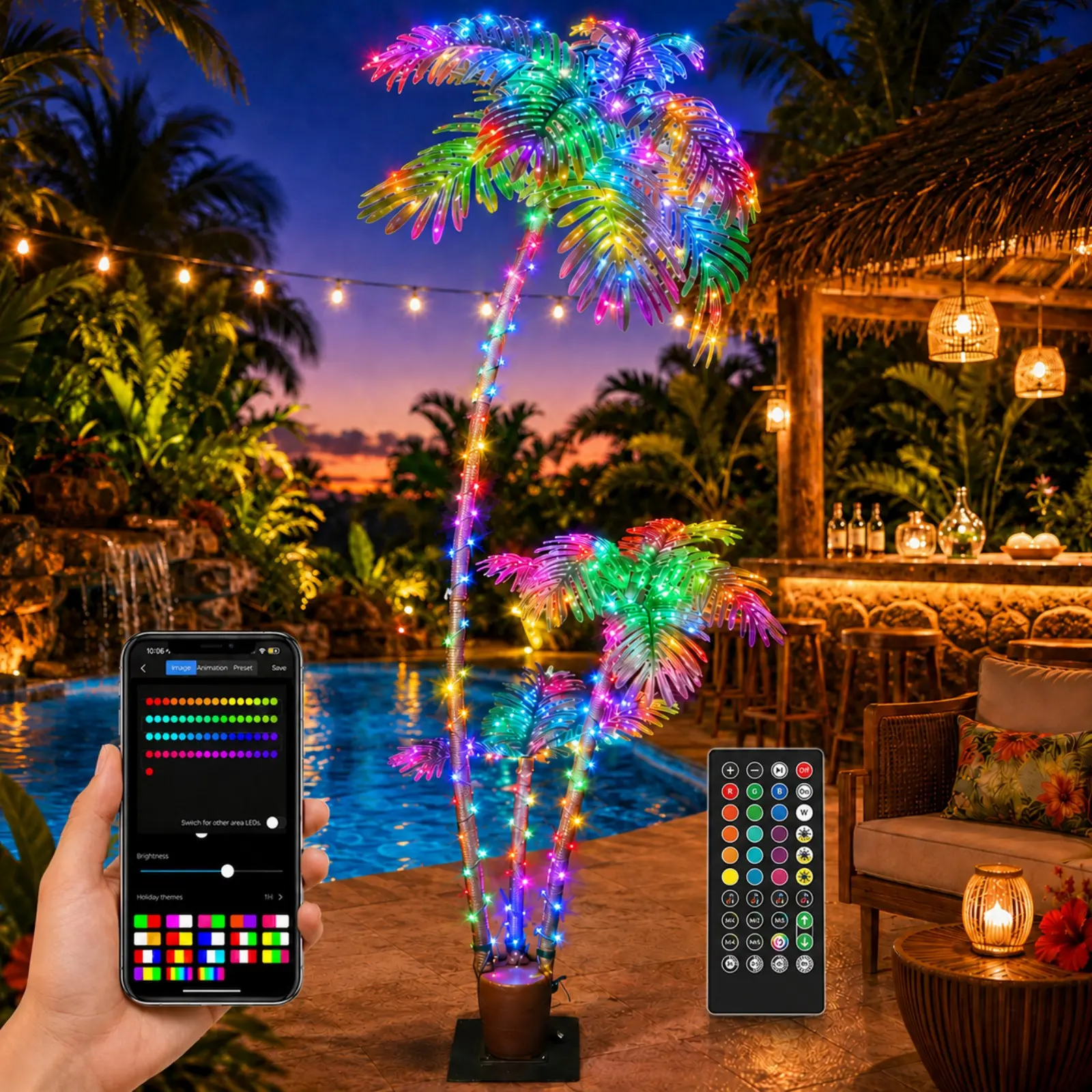 Avatar Controls 7FT Smart Pre-Lit Lighted Artificial Palm Tree with 3 Trunks, App & Remote Controlled Large Faux LED Palm Tree for DIY Color Changing LED, Music Sync & Timer, Yard Lighting, Garden Decor Lights