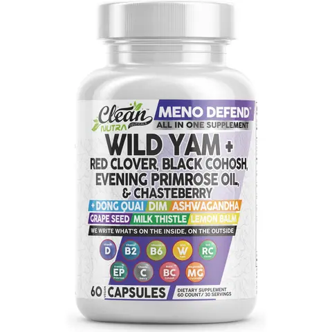 Clean Nutra Wild Yam, Red Clover Black Cohosh, Evening Primrose Oil, Chasteberry & More for Women's Wellness Capsules – Meno Defend