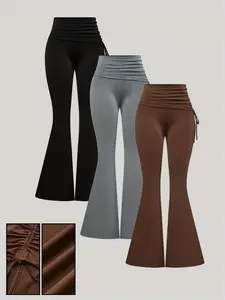 Women's Slim-Fit Fitted Casual Everyday Solid Color Foldover Drawstring Waist Bell Pants Set, Comfortable Elastic Waistband Design, Perfect for Daily Wear