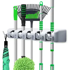 Broom Holder Wall Mounted - Mop and Broom Hanger Holder - Garage Storage Rack & Garden Tool Organizer - 5 Position 6 Hooks for Home, kitchen, Garden, Tools, Garage