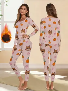 Squirrel Pumpkin Print Long Sleeve Pants Set for Women, Warm Winter Thermal Underwear, Stylish Slim-Fit Layering for Fall & Winter